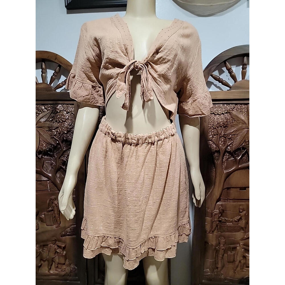 LOVEWAVE Small Town Girl Mini Dress in Taupe Size L Cutout Rufled Hems NEW #C - Picture 7 of 13